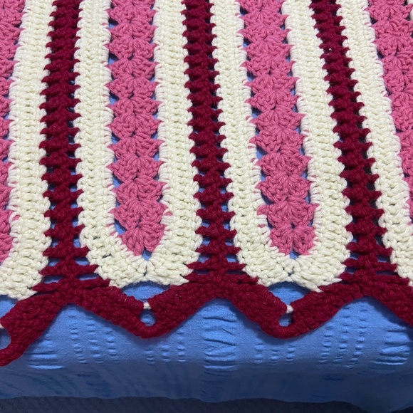 Vintage Handmade Crocheted Afghan Blanket; Rose, Pink, and Cream Stripes; 45x60 - Picture 1 of 10